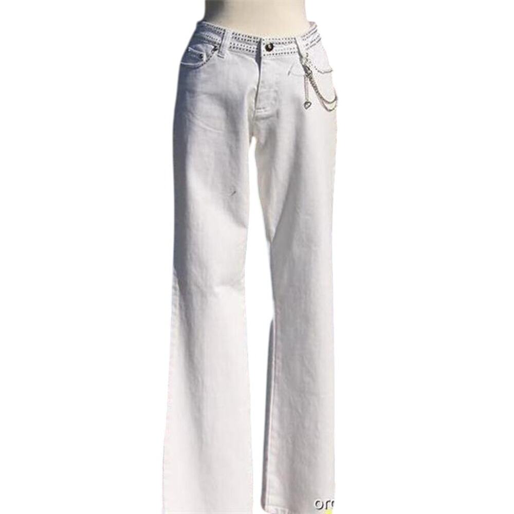 Cache White Denim Embellished Flare Jean Pant Rhinestone Chain Belt New $168 NWT - Picture 3 of 8